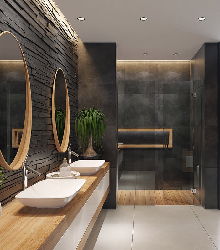 minimalist-bathroom-with-black-walls-and-recessed-lights